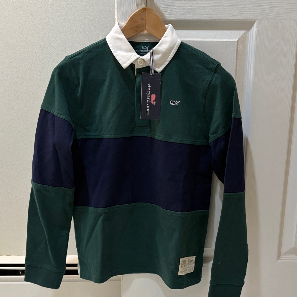 Vineyard Vines Kids Green and Navy Rugby Shirt size L